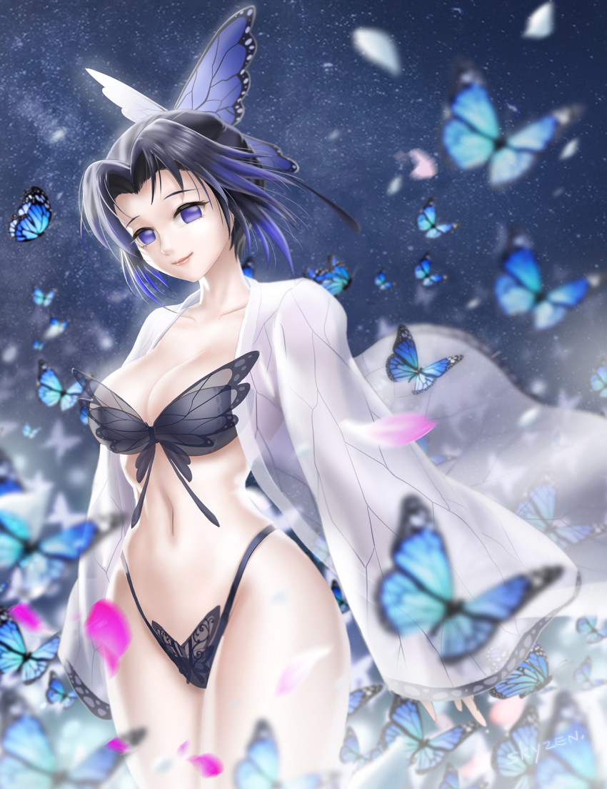 big_breasts black_bra black_hair black_panties bra butterfly butterfly_hair_ornament butterfly_lingerie butterfly_panties cleavage demon_slayer female female_only haori highleg highleg_panties hourglass_figure kimetsu_no_yaiba kochou_shinobu lingerie looking_at_viewer no_pupils panties purple_eyes smile solo thick_thighs thin_waist thong two_tone_hair wide_hips