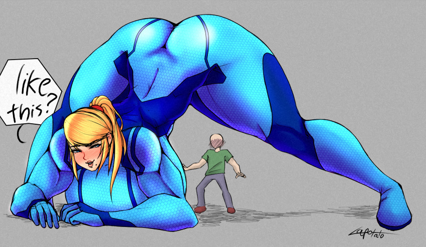 alternate_breast_size big_ass big_breasts blonde_hair bodysuit breasts_bigger_than_head color_edit dialogue english_text female giantess holding_breast huge_ass huge_breasts jack-o'_pose jack-o_pose lapotato8 larger_female long_hair metroid mini_giantess muscular muscular_arms muscular_bimbo muscular_female nintendo ponytail posing presenting_ass presenting_hindquarters ritax samus_aran sitting text thick_thighs voluptuous wide_hips zero_suit zero_suit_samus