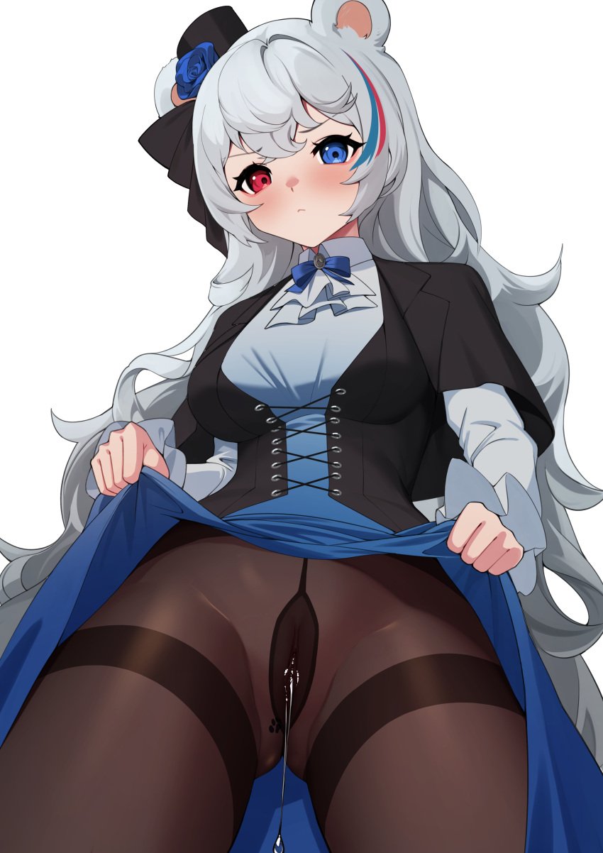 1girls :< animal_ears arknights bear_ears blue_eyes blush dress dress_lift embarrassed ett female female_only fully_clothed hat heterochromia highres leaking_pussy legs legwear long_hair looking_at_viewer pantyhose pov presenting presenting_pussy pussy pussy_juice pussy_juice_drip pussy_juice_trail red_eyes rosa_(arknights) solo tagme uniform vagina very_long_hair white_background white_hair