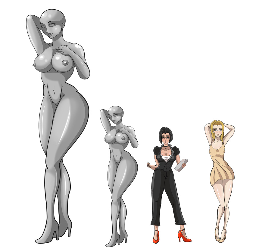 4girls business_suit business_woman clothed clothed_female clothed_female_nude_female dress female giantess glasses jvdarkomx mannequin megane model multiple_girls nude nude_female original original_character original_characters size_difference