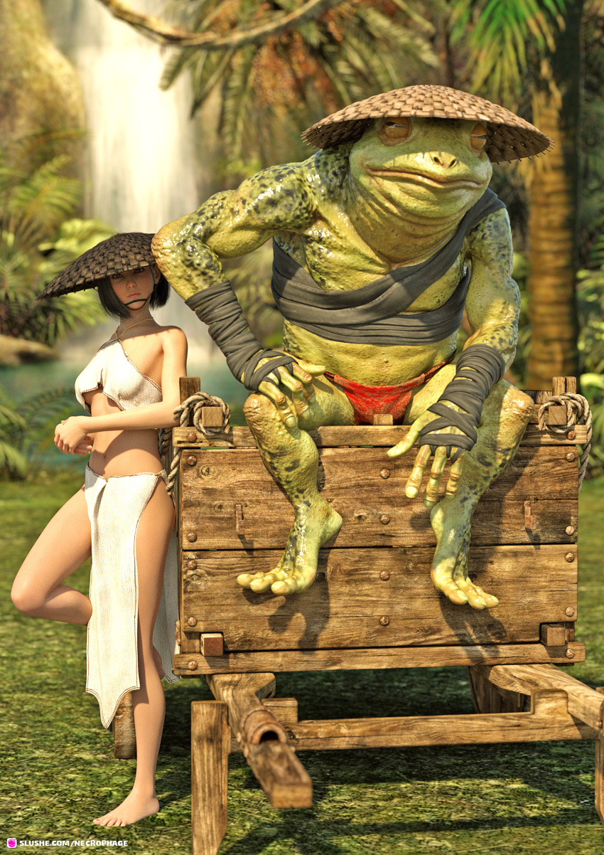 1boy 1girls 3d anthro barefoot black_hair bob_cut fantasy frog furry hat large_breasts looking_at_viewer monster muscular_male necrophage outdoor outdoors slushe_(website) standing tagme