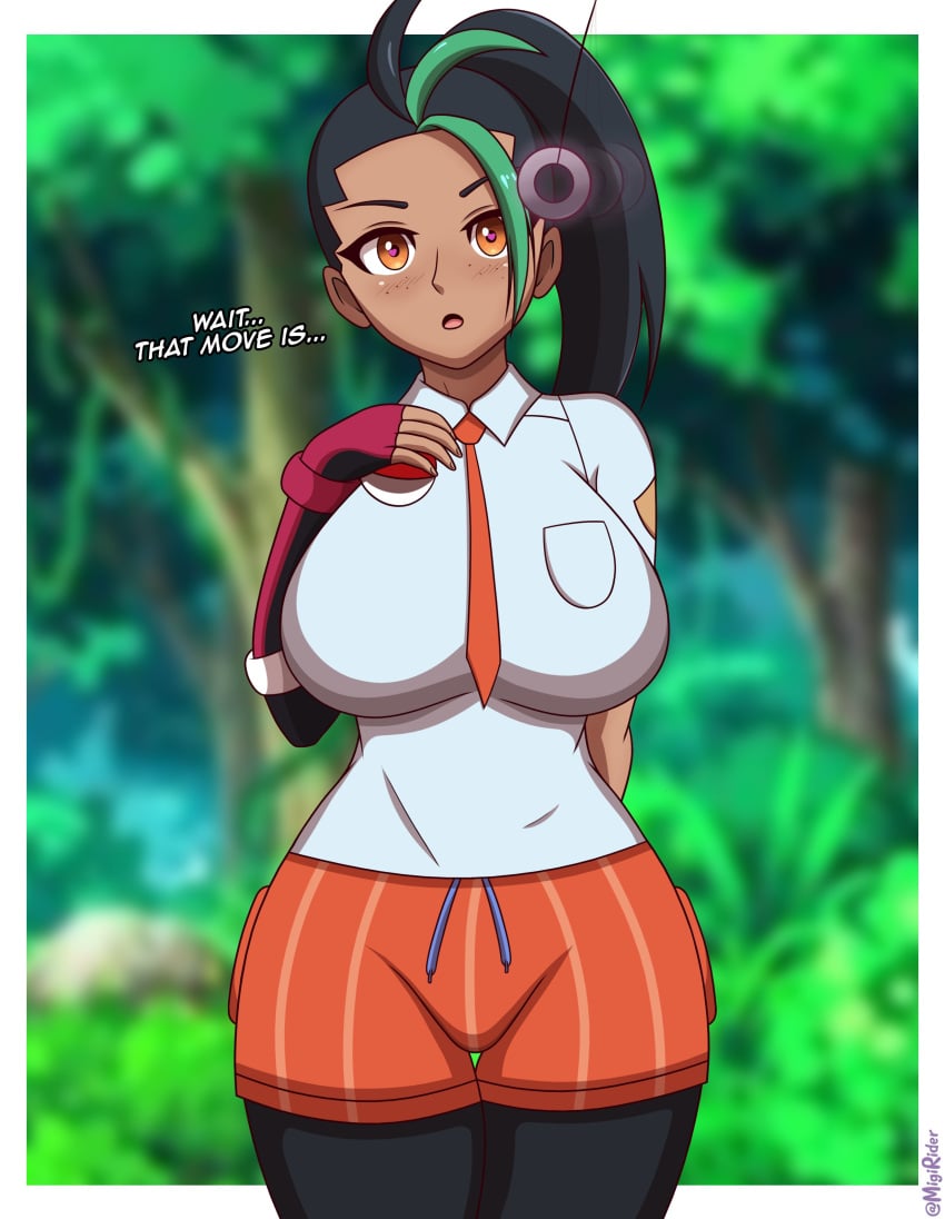 1girls black_hair black_legwear blush breasts brown_eyes brown_skin clothing dark-skinned_female dark_skin dialogue english_text female heart-shaped_pupils hips huge_breasts human hypnosis legs_together long_hair long_ponytail looking_at_viewer massive_breasts migi_rider mind_control nemona_(pokemon) nintendo open_mouth pokemon pokemon_sv ponytail school_uniform schoolgirl shirt text thick_thighs thighs white_shirt wide_eyed wide_hips