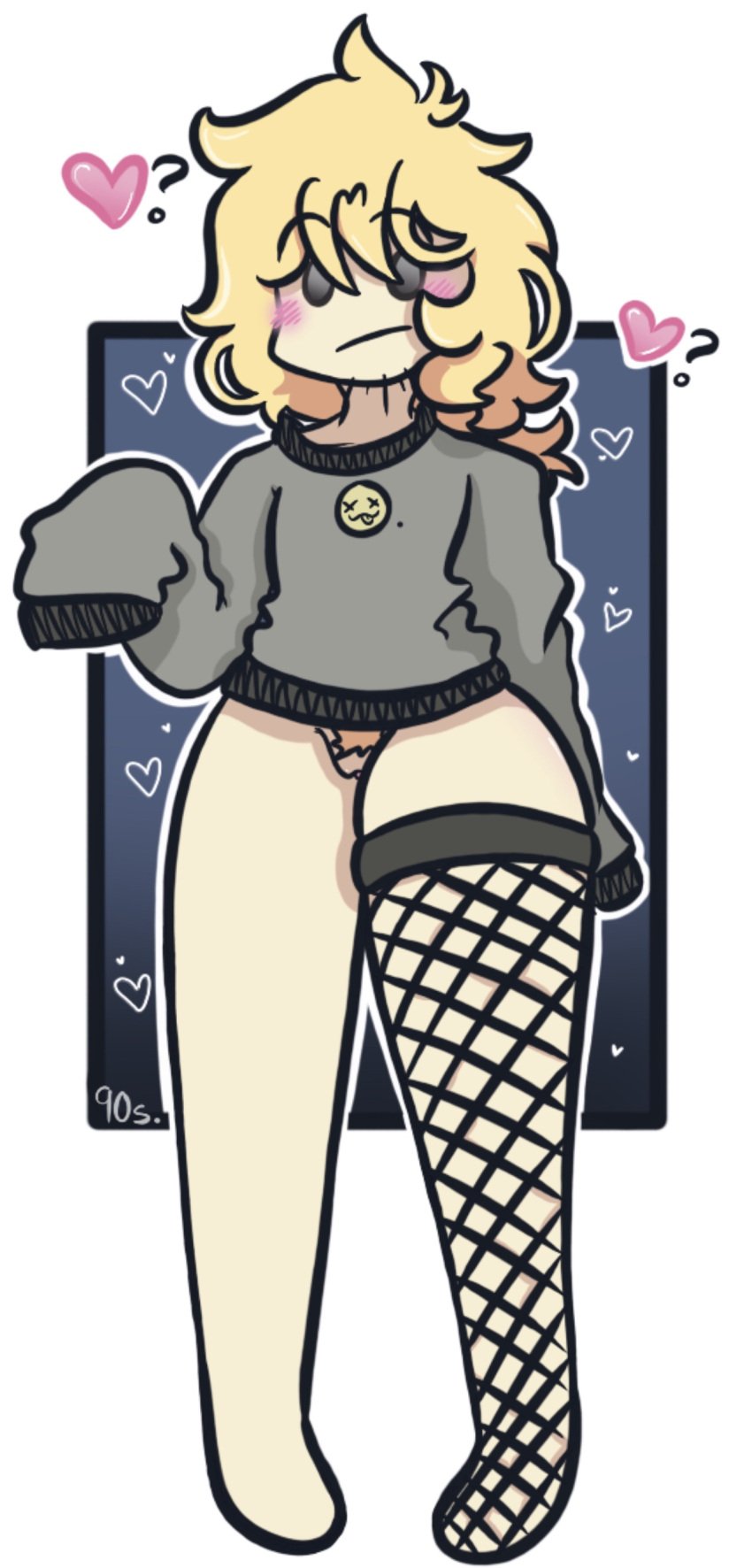 90skkero blush brightside_(ceramicskinstudios) cuntboy dark_blue_background digital_media_(artwork) fishnet_stockings friday_night_funkin grey_sweater heart intersex long_sleeves pantsless pubic_hair question_mark