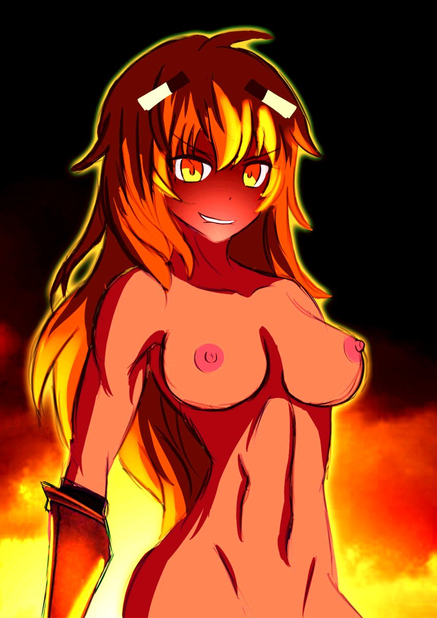 abs areolae blaze_(at2.) blaze_(minecraft) breasts female female_only looking_at_viewer minecraft mob_talker naked nipples nude orange_eyes orange_hair smirk upper_body yellow_eyes yellow_hair