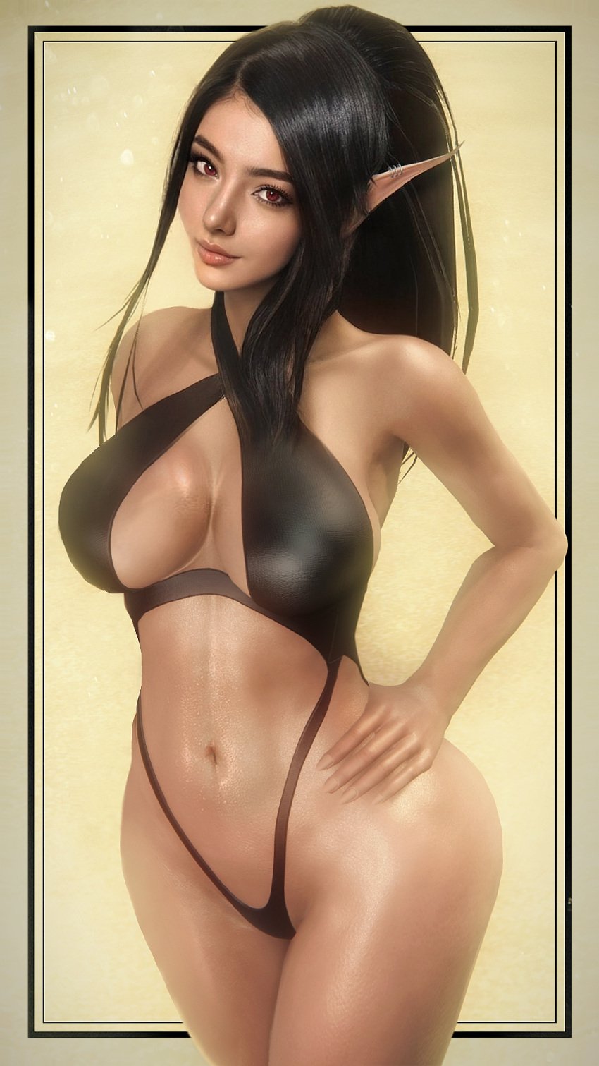 1girls beach big_breasts bikini black_hair black_swimsuit breasts cleavage collarbone curvy_figure earrings edit elf elf_ears elf_female female female_focus female_only fit flat_belly glossy_lips halter_top halterneck hand_on_hip hips navel oc pinup pinup_pose pointy_ears ponytail realistic red_eyes shiny_hair shiny_skin sideboob smiling_at_viewer solo sunny swimsuit swimwear tagme thin_female thong thong_bikini toned_belly wide_hips xiversk