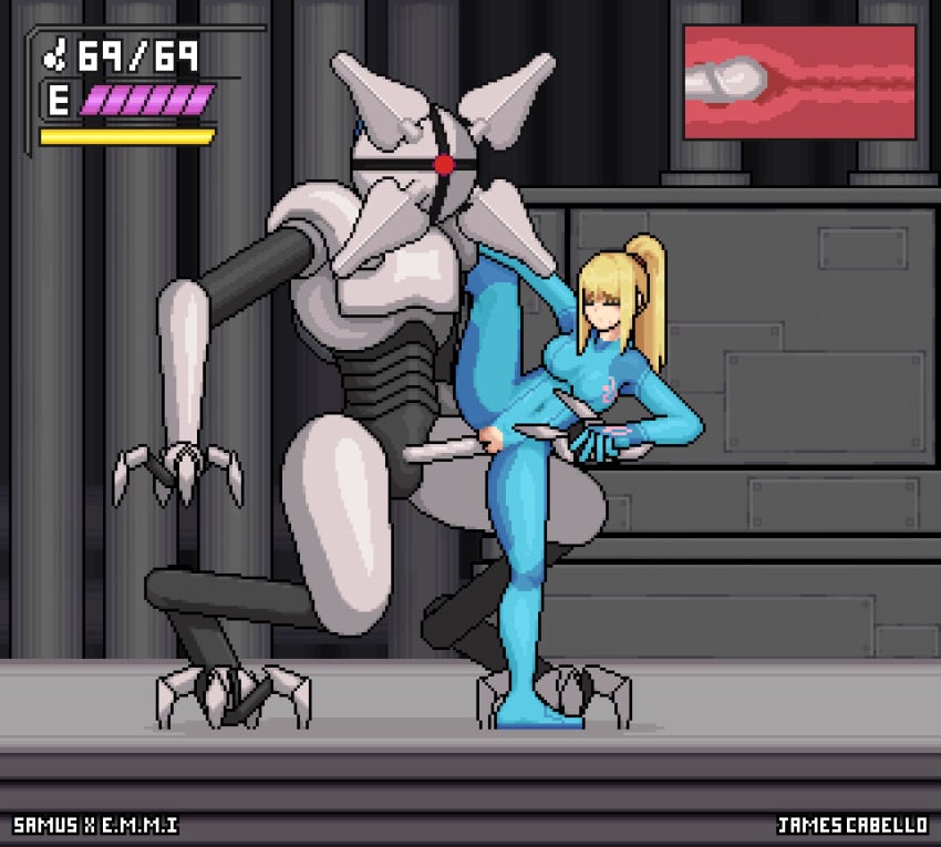 1girls 2d 2d_animation alternate_costume animated blonde_hair bodysuit closed_eyes e.m.m.i gameplay_mechanics human_penetrated james_cabello metroid metroid_dread nintendo one_leg_up pixel_animation pixel_art ponytail robot robot_on_human robot_penis samus_aran sex sex_machine size_difference standing_sex tagme torn_bodysuit torn_clothes x-ray zero_suit zero_suit_samus