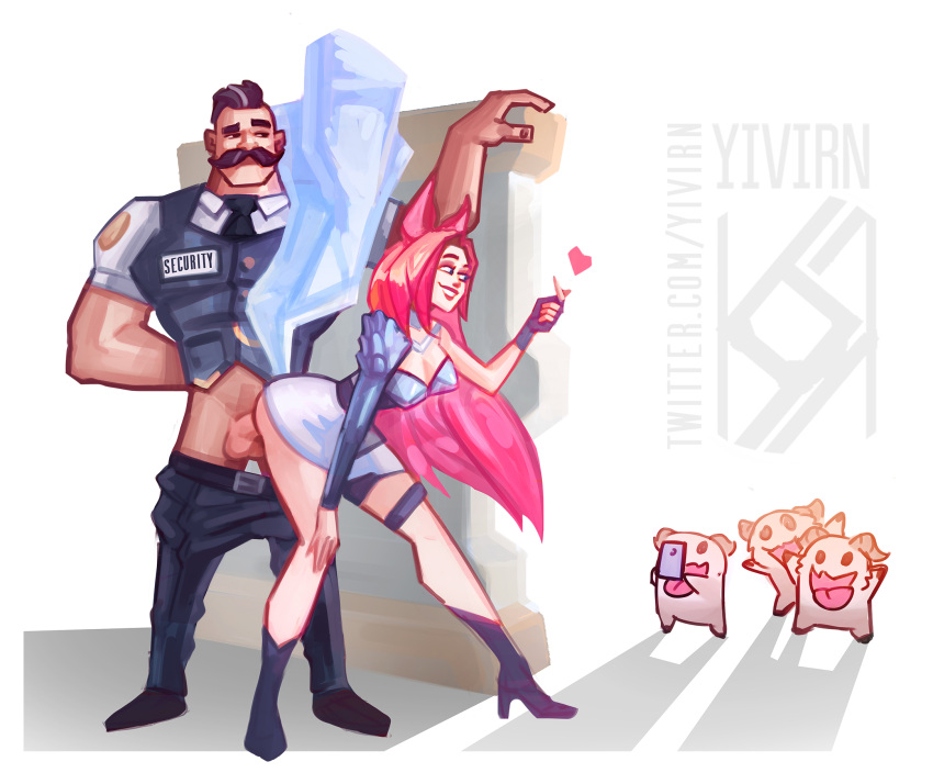 1girls ahri alternate_costume ass bent_over black_hair blue_eyes braum breasts cleavage doggy_style female fingerless_gloves fox_ears fox_girl fox_tail gloves heel_boots heels hetero k/da_all_out_ahri k/da_all_out_series league_of_legends male/female moustache multiple_tails penis pink_hair poro_(league_of_legends) public public_sex riot_games sex standing straight tagme tail yivirn