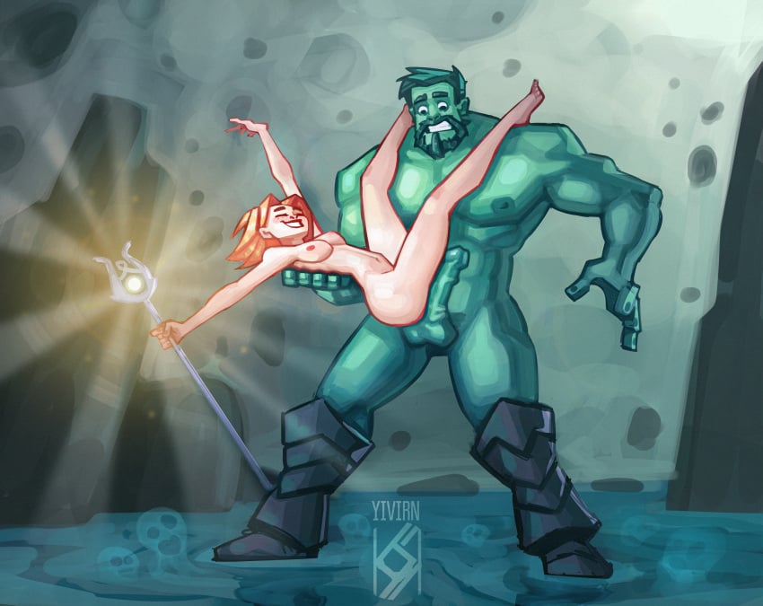 1girls alternate_costume ass beard blonde_hair blush breasts closed_eyes female freckles ghost green_hair green_skin hetero league_of_legends luxanna_crownguard male/female mordekaiser navel nipples nude penis riot_games short_hair size_difference standing straight tagme yivirn