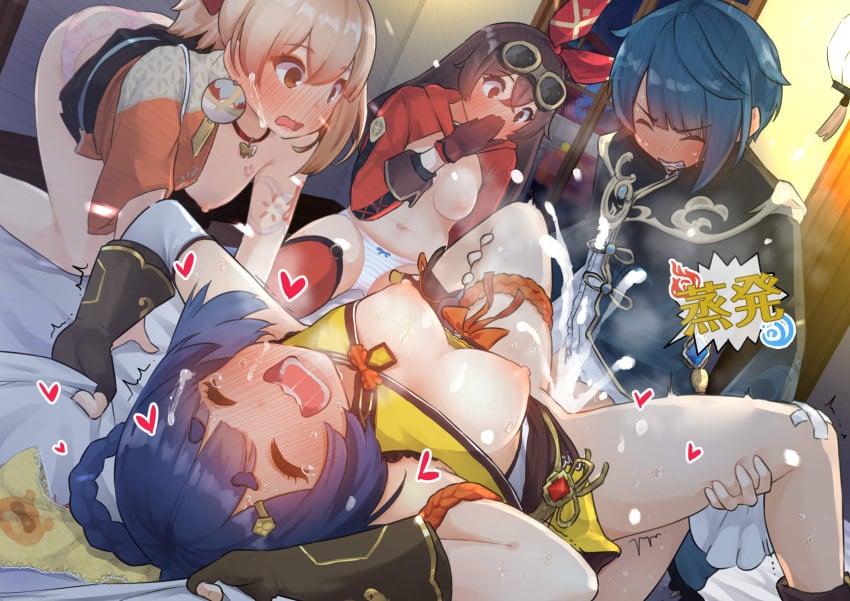 1boy 3girls all_fours amber_(genshin_impact) areolae bandaid bandaid_on_knee bandaid_on_leg bed bed_sheet bedroom black_gloves blonde_hair blue_hair blush braid breasts brown_hair china_dress chinese_clothes choker clenched_teeth closed_eyes clothing covering_mouth cum_in_pussy cum_on_cuckquean cum_on_face cum_on_hair curious dress ejaculation female fingerless_gloves frilled_sleeves frills gameplay_mechanics genshin_impact gloves goggles group_sex guoba_(genshin_impact) hair_ornament hairband hairclip heart high_resolution indoors jacket kimono london_delly_&_burry long_sleeves looking_pleasured lying male moaning multiple_girls nakadashi nipples on_back on_bed one_breast_out open_mouth overflow panties_removed pantsu pink_panties robe sarashi semen sex sheet_grab short_hair small_breasts spread_legs straight striped striped_panties striped_underwear sweat tattoo teenager teeth thighhighs tied_hair twin_braids underwear vaginal_penetration wafuku watching window xiangling_(genshin_impact) xingqiu_(genshin_impact) yellow_panties yoimiya_(genshin_impact)