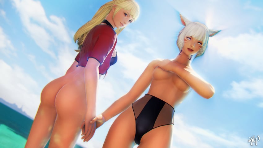 2girls 3d ass blonde_hair bottomless bottomless_female breasts cat_ears covering_breasts exposed_ass final_fantasy final_fantasy_xiv gpose(ffxiv) hand_holding holding_hands hyur looking_back lyse_hext miqo'te nipple_slip ponytail short_hair square_enix topless topless_female underboob white_hair y'shtola zly