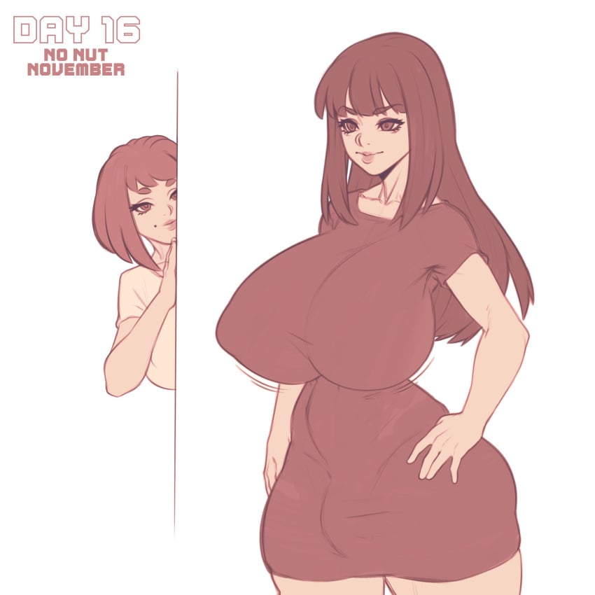 2futas balls being_watched breasts bulge clothed clothing duo erection_under_clothes fully_clothed futa_only futanari huge_breasts human light-skinned_futanari no_nut_november pale_skin penis_under_skirt raoky ryoko_(raoky) standing thick_thighs tight_clothing wide_hips