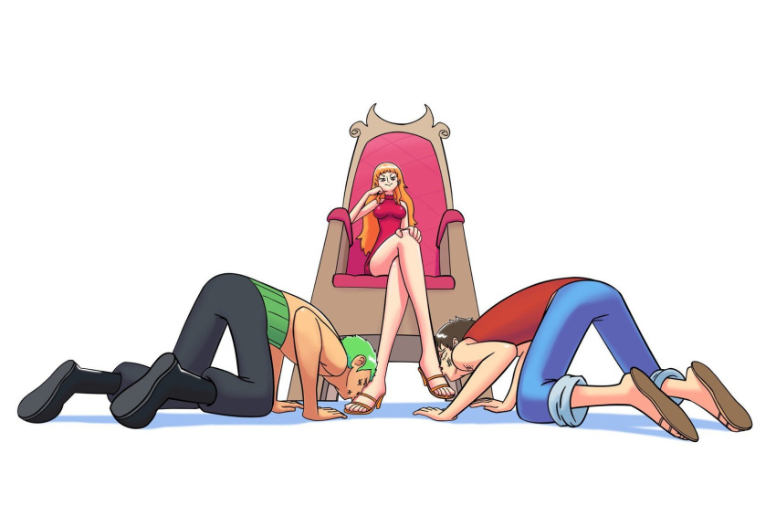 female kissing_feet male monkey_d_luffy nami one_piece roronoa_zoro sex smiling