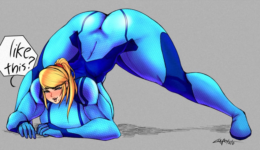 alternate_breast_size big_ass big_breasts blonde_hair bodysuit breasts_bigger_than_head color_edit dialogue english_text female holding_breast huge_ass huge_breasts jack-o'_pose jack-o_pose lapotato8 larger_female long_hair metroid muscular muscular_arms muscular_bimbo muscular_female nintendo ponytail posing presenting_ass presenting_hindquarters ritax samus_aran sitting text thick_thighs voluptuous wide_hips zero_suit zero_suit_samus