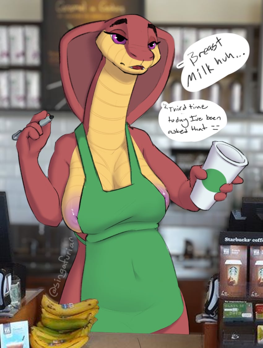 anthro anthro_only apron apron_only banana big_breasts breasts clothing coffee_machine coffee_maker conditional_dnp container cup dialogue english_text female food fruit green_apron hi_res iced_latte_with_breast_milk meme mostly_nude nipple_slip pen photo_background plant red_body reptile scalie shaded shelby_(singafurian) singafurian snake solo standing starbucks text tight_clothing