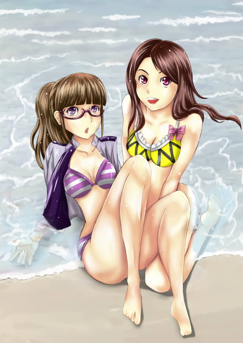 2girls alluring amy_yuzuki beach bikini black_hair brown_hair jacket multiple_girls nyon ocean super_sentai swimsuit ulshade_yayoi voluptuous wet yayoi_ulshade yuzuki_amy zyuden_sentai_kyoryuger