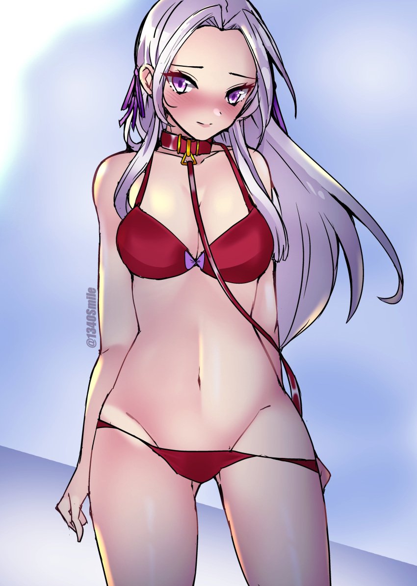 1340smile 1girls blush bondage bra breasts cleavage collar edelgard_von_hresvelg femsub fire_emblem fire_emblem:_three_houses leash lingerie long_hair looking_at_viewer medium_breasts nintendo panties purple_eyes red_panties ribbons solo standing underwear undressing white_hair