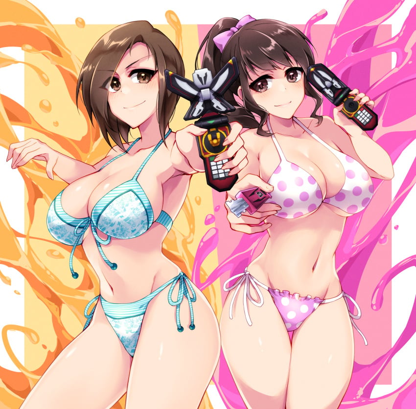 2girls ahim_de_famille alluring bikini black_hair brown_eyes holding_phone kaizoku_sentai_gokaiger luka_millfy masked_liner mobirate phone princess super_sentai voluptuous