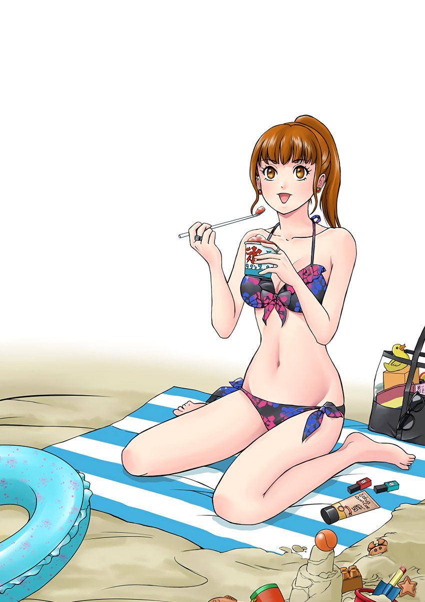 alluring ball beach bikini brown_eyes brown_hair female flint_goldtsuiker inflatable_tube iwa kikai_sentai_zenkaiger picnic_blanket shaved_ice sunscreen super_sentai voluptuous