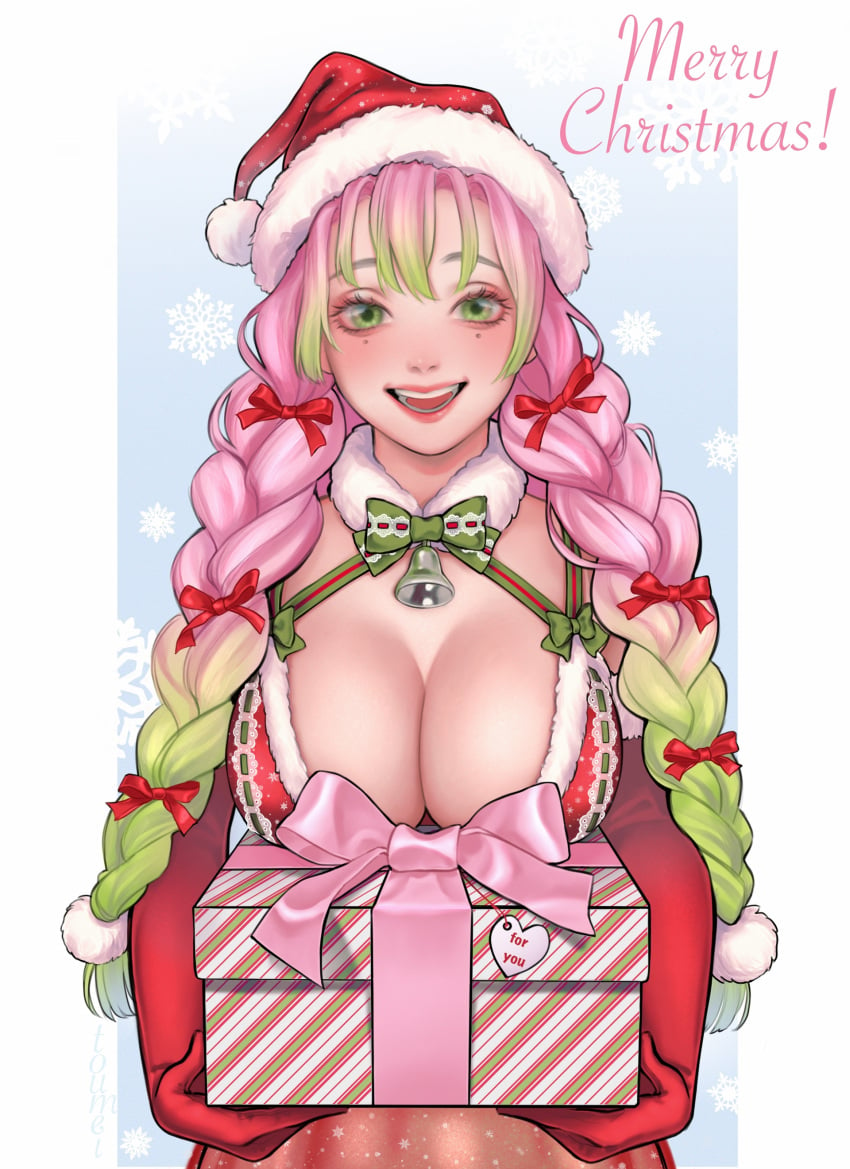 bangs bell_collar big_breasts bikini bikini_top braided_hair christmas christmas_outfit cleavage demon_slayer elbow_gloves female female_only fur-trimmed_bikini fur_trim gloves green_eyes hair_ribbon hairbow kanroji_mitsuri kimetsu_no_yaiba long_hair looking_at_viewer mole_under_eye open_mouth pink_hair realistic red_bikini red_gloves santa_hat smile solo toumeimei two_tone_hair