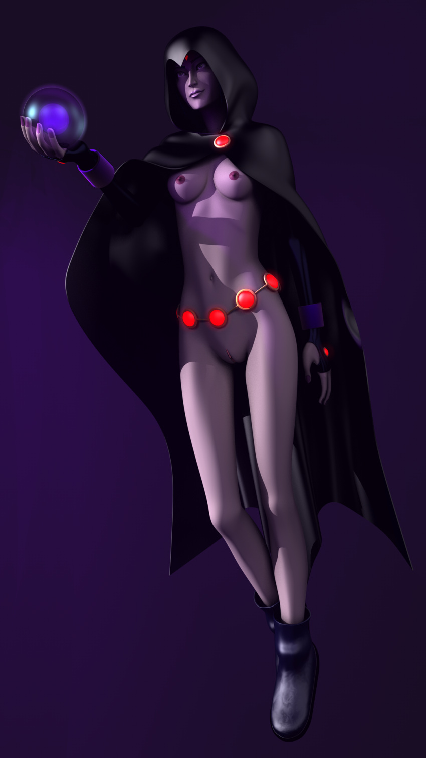 1girls 3d 3d_(artwork) 3d_model boobs breasts cloak dc dc_comics female female_only korblborp medium_breasts nipples purple_background purple_nipples pussy rachel_roth raven_(dc) solo solo_female teen_titans tits vagina