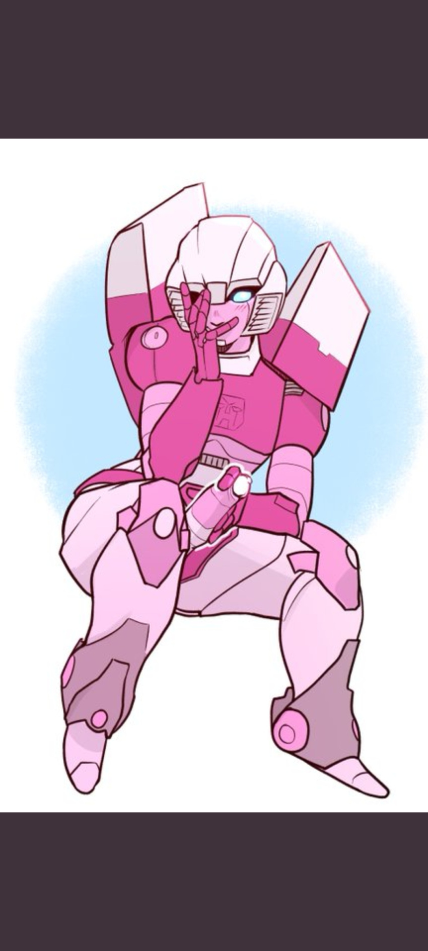 1futa 2d arcee arcee_(g1) autobot bad_cropping big_penis covering_face cute erection futa_only futanari hand_on_penis humanoid humanoid_penis one_eye_closed penis pink_body roboochie robot robot_girl sitting solo thick_thighs transformers transformers_g1 wide_hips