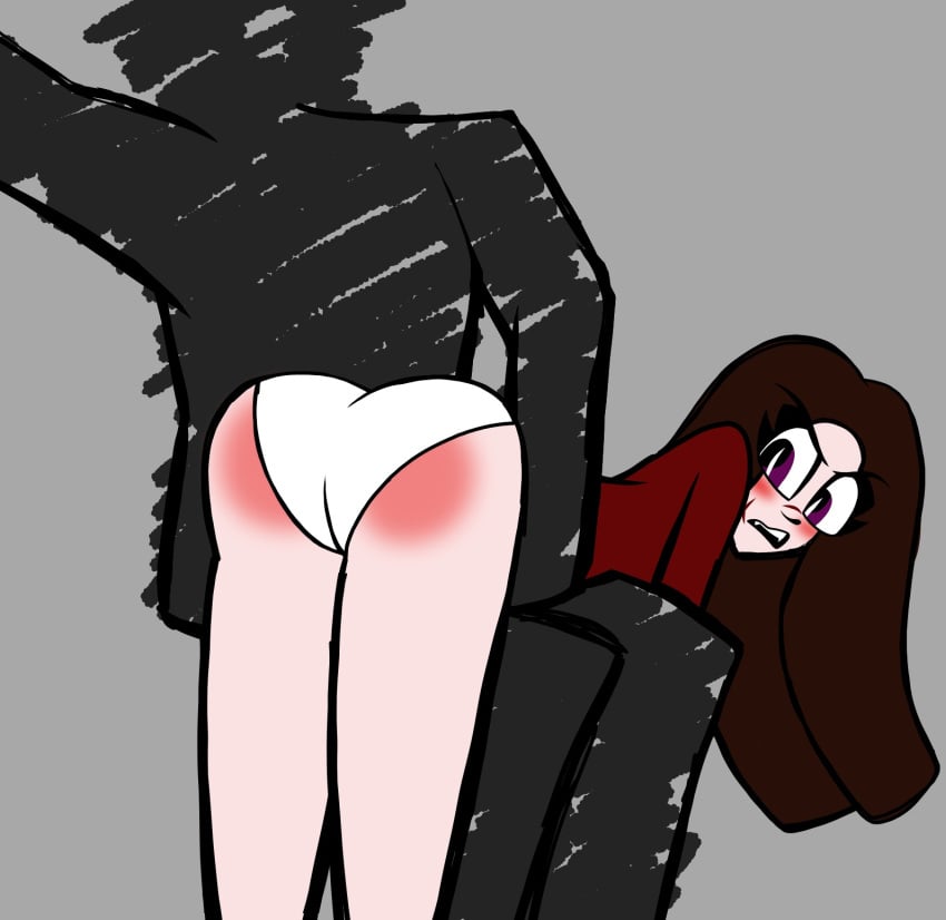 ass ass_up bent_over blush brown_hair demon demon_girl female femsub fngrlshay grey_background oc original_character over_the_knee over_the_knee_spanking panties red_ass serenity serenity_(oc) spank_marks spanked spanking