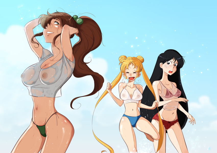 3girls 5:7 big_breasts bikini_bottom bishoujo_senshi_sailor_moon black_hair blonde_hair brown_hair brunette clothing female female_only hentai_foundry heroine horny_female large_breasts long_hair makoto_kino medium_breasts multiple_girls nipples nipples_visible_through_clothing no_bra_under_clothes ponytail rei_hino samasan see-through see-through_bra see-through_clothing small_breasts swimsuit thin_female twintails usagi_tsukino voluptuous wet wet_clothing wet_t-shirt