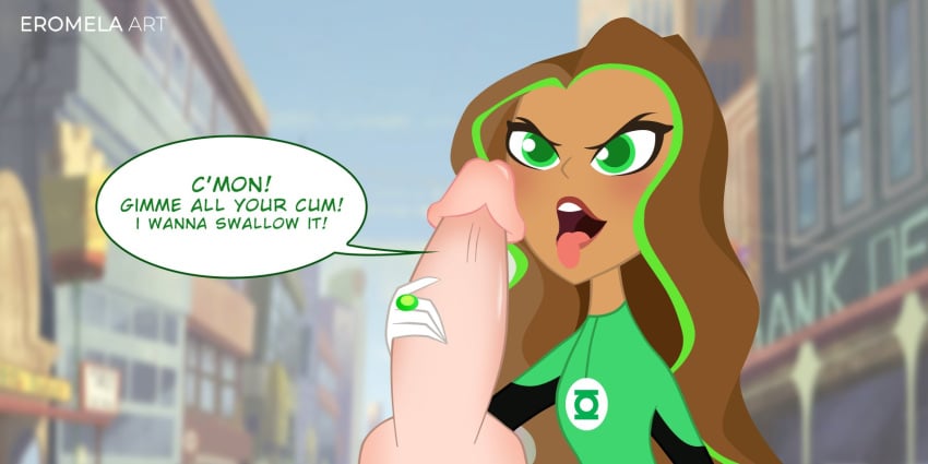 1boy 1girls big_penis brown_hair cum_begging dark-skinned_female dc dc_comics dc_super_hero_girls dialogue eromelaart green_eyes green_lantern handjob imminent_cumshot imminent_oral interracial jessica_cruz latina long_hair oral partial_male penis pov straight superheroine throat tongue_out