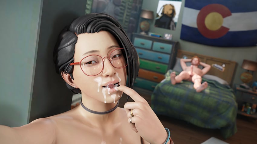 1boy1girl 1girls 3d 4k after_fellatio after_oral after_sex alex_chen asian black_hair bracelet brown_eyes casual choker cum_on_body cum_on_face cum_on_upper_body ear_piercing erect_penis eyewear facial female female_focus finger_in_mouth glasses highres human interracial koomer licking_cum licking_fingers life_is_strange life_is_strange:_true_colors light-skinned_female light-skinned_male looking_at_viewer male neckwear nude_female nude_male pale_skin ring ryan_lucan selfie short_hair straight tongue_out wristwear