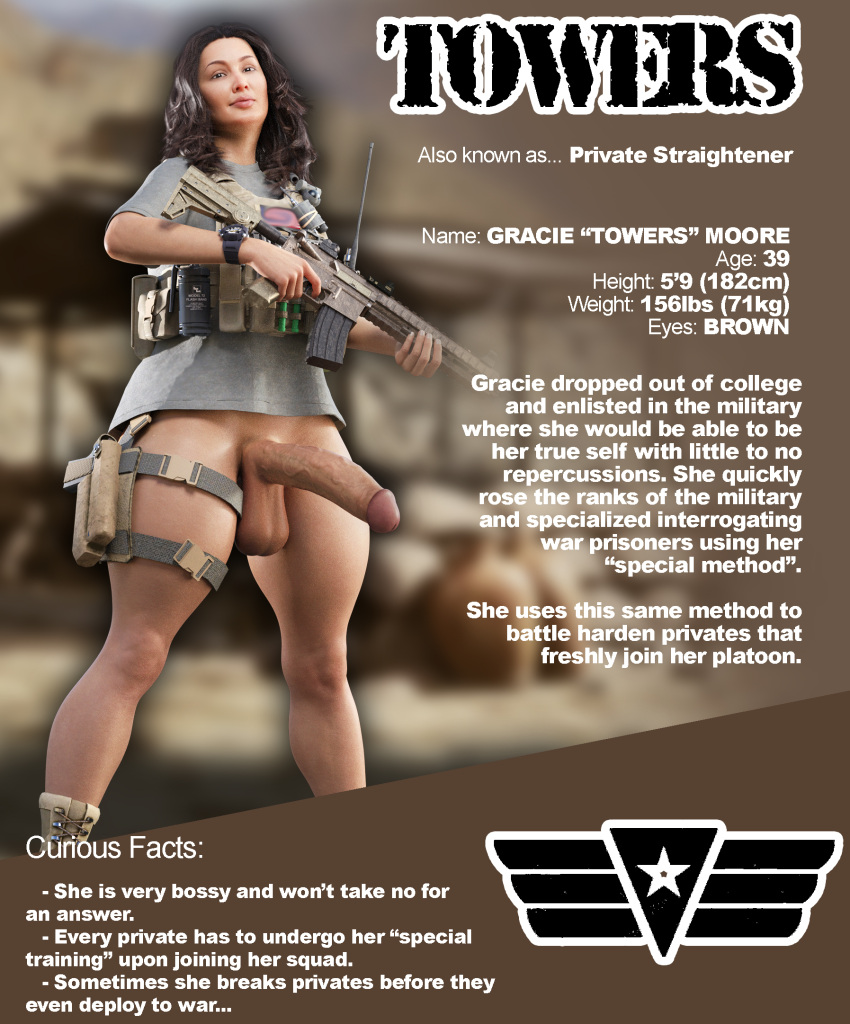 1futa 3d assault_rifle big_penis brown_hair character_sheet curly_hair daz_studio futa_only futanari gun military military_boots military_uniform misuzalha3d original original_character penis render rifle saggy_balls thick_legs thick_thighs towers_(misuzalha3d) vest weapon wide_hips