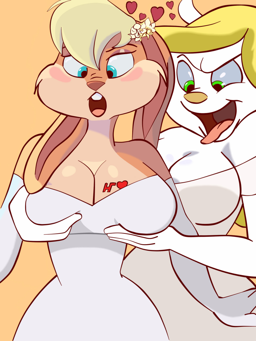 2girls animaniacs animaniacs_(2020) anthro bedroom_eyes big_breasts big_ears blonde_female blonde_hair blue_eyes blush breasts bride clothed clothing curvaceous curvy curvy_figure detailed_background dress eyelashes eyeshadow female fur furry gloves green_eyes hair heart hourglass_figure hugotaker lagomorph lagomorph_humanoid leporid leporid_humanoid lola_bunny long_hair looking_down looney_tunes love makeup mammal minerva_mink mink mustela mustelid mustelid_humanoid musteline narrowed_eyes orange_body orange_fur orange_skin partially_clothed rabbit rabbit_ears rabbit_girl rabbit_humanoid seductive shoulder_pads sideboob smile space_jam standing surprised tattoo thick_thighs tight_clothing voluptuous warner_brothers wedding wedding_dress wedding_lingerie white_body white_dress white_fur white_skin wide_hips yuri