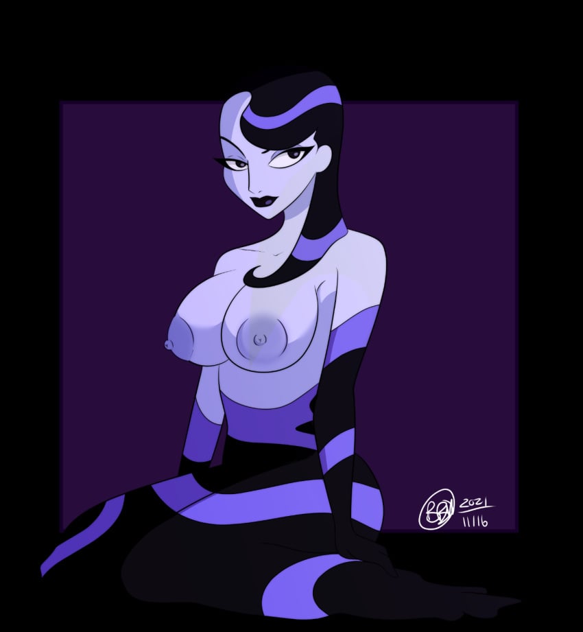 1girls batman_(series) batman_beyond big_breasts black_eyes black_hair black_lipstick breasts bunbunmuffinart dc dc_comics dcau elbow_gloves female female_only inque looking_at_viewer nipples purple_skin solo topless