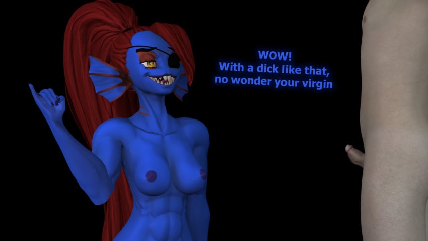 1boy 1girls 3d amphibian anthro areola black_background blue_skin breasts deltarune eyelashes female female_focus fish gills humiliation ketadune large_breasts male nipples partial_male penis pinky_out red_hair scales sharp_teeth small_penis small_penis_humiliation smile smiling smiling_at_viewer source_filmmaker sph undertale undyne