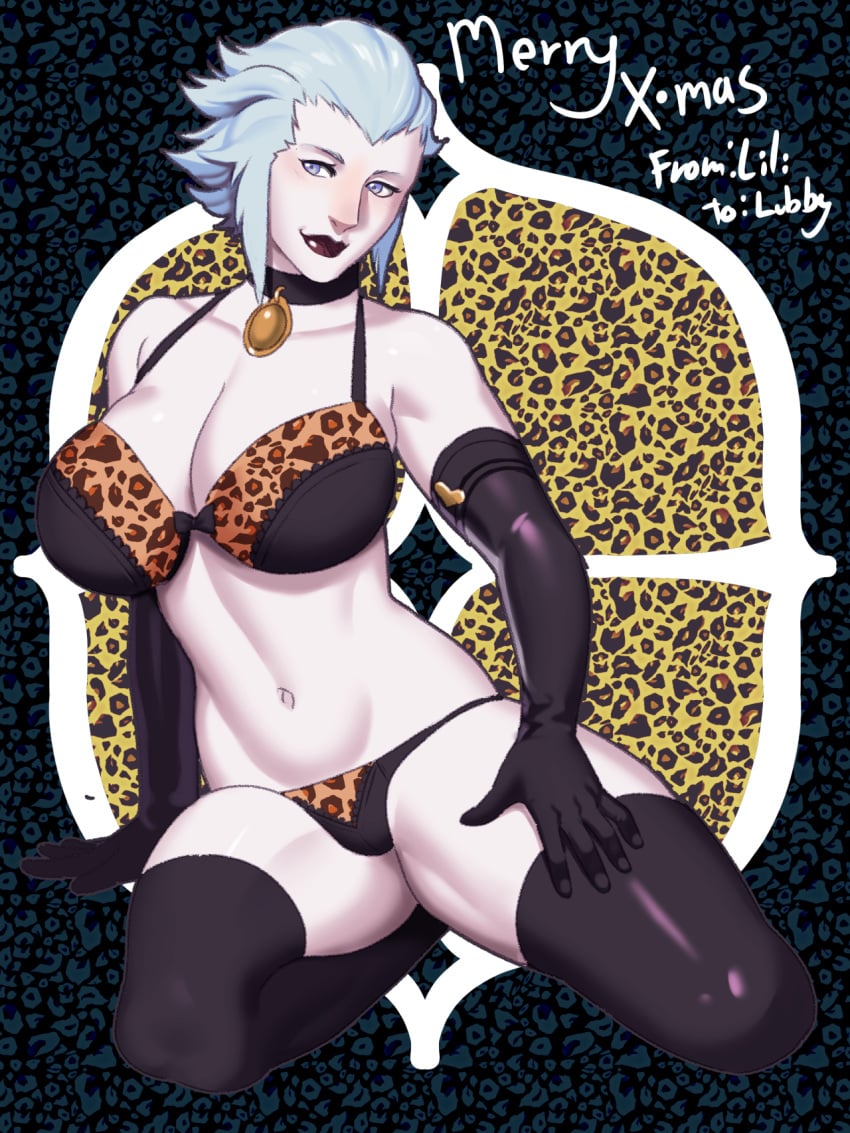 1girls belly belly_button blue_eyes dark_lipstick female final_fantasy final_fantasy_xiv gloves large_breasts leopard_print lilirulu lingerie merlwyb_bloefhiswyn pale-skinned_female pale_skin roegadyn thighhighs white_hair