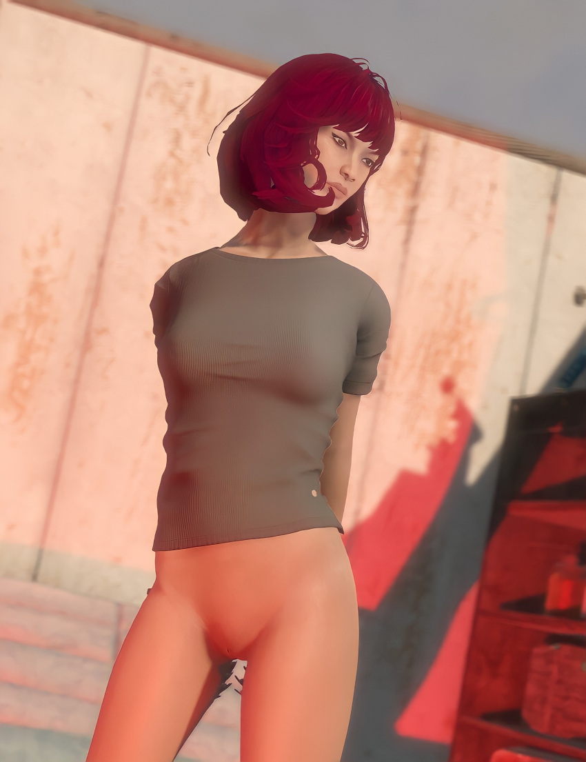 3d bottomless corposlut_(artist) fallout fallout_4 female_genitalia female_only genitals hands_behind_back human looking_away naked_from_the_waist_down no_panties pussy red_hair redhead shirt standing t-shirt vagina wide_hips woman