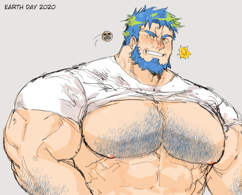 balls bara big_pecs blue_hair chest_hair earth giantspacetiger gijinka lifted_shirt male male_only muscles muscular penis the_moon_(tloz) tora_gy