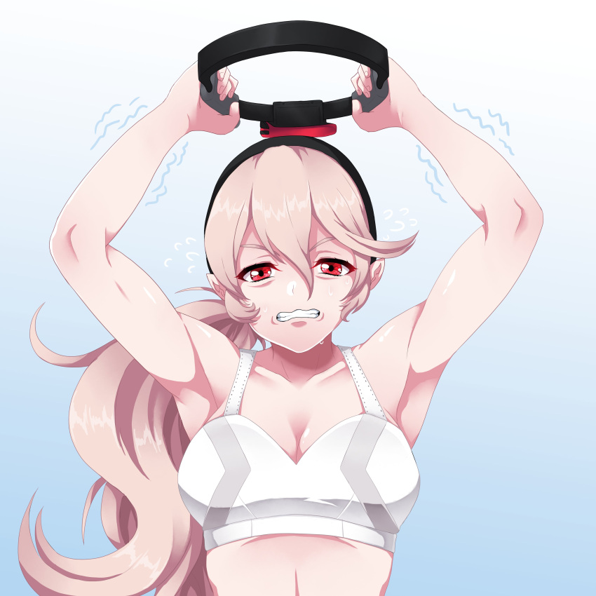 1girls absurdres alternate_costume alternate_hairstyle armpits arms_up bangs biceps breasts cleavage clenched_teeth corrin_(fire_emblem) corrin_(fire_emblem)_(female) electronics exercise female fire_emblem fire_emblem_fates game_controller hairband highres joy-con jpeg long_hair nintendo pilates_ring platinum_blonde_hair pointy_ears ponytail red_eyes ring_fit_adventure ringcon_controller seityr sports_bra sportswear teeth training