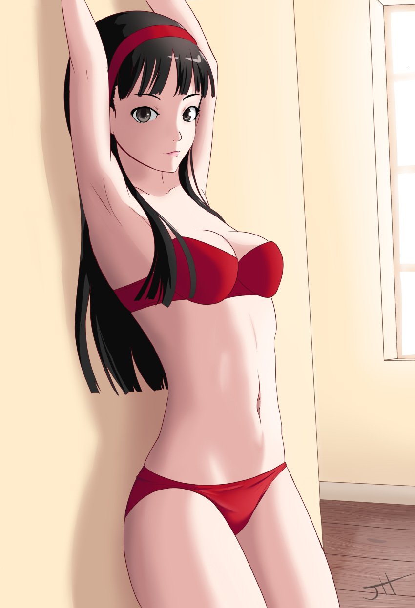 alternate_costume amagi_yukiko armpits atlus black_hair bra breasts female hibiki lingerie lipstick panties persona persona_4 solo