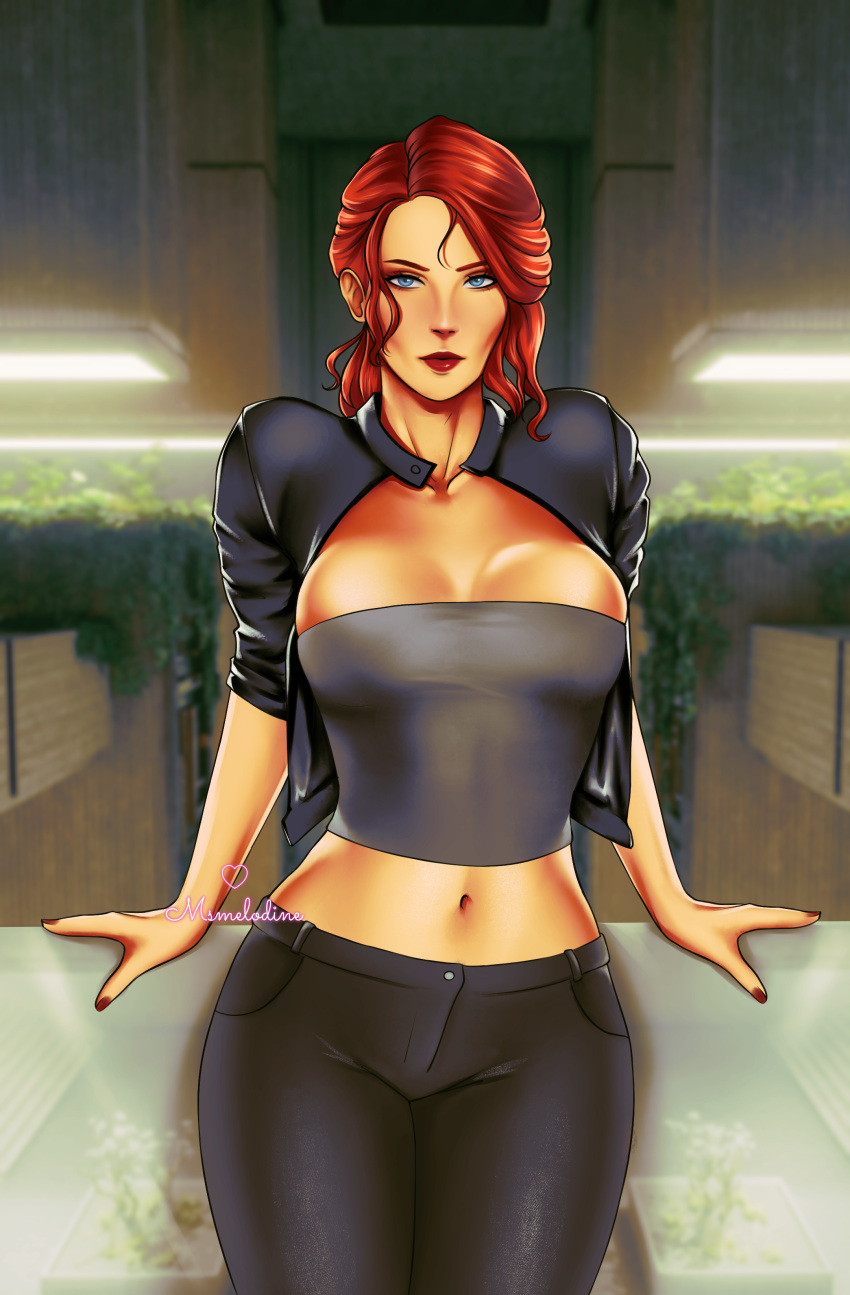 1girls alternate_version_available background big_breasts blue_eyes cleavage clothed clothed_female clothing control crop_top detailed_background eyelashes eyes female female_only fully_clothed glass human human_only jacket jesse_faden large_breasts leaning leaning_back light-skinned_female light_skin lipstick looking_at_viewer medium_hair msmelodine nail_polish navel open_clothes open_eyes open_shirt pants railing red_hair red_lipstick red_nails shirt signature solo standing tied_hair tight_pants tubetop