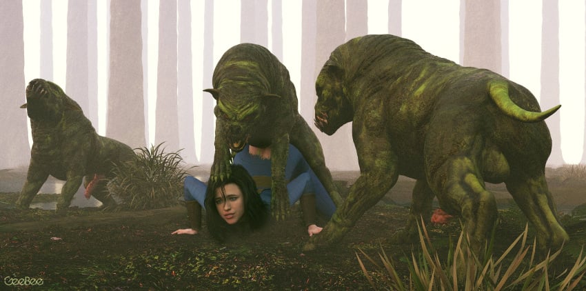 1girls 3animals 3boys 3d 3dogs balls bestiality black_hair canine dog_penis doggy_style fallout fallout_4 female_on_feral forest geebee knot multiple_penises mutant_hound nora_(fallout_4) outdoors paw_on_head ripped_clothing top-down_bottom-up tree vault_suit zoophilia