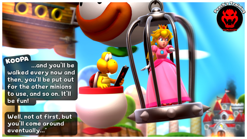 3d airship blonde_hair blue_eyes cage clipboard dress fire fully_clothed high_heels implied_rape koopa_clown_car koopa_troopa mario_(series) nintendo onmodel3d outdoors princess_peach self_upload slave smoke super_mario_bros. text