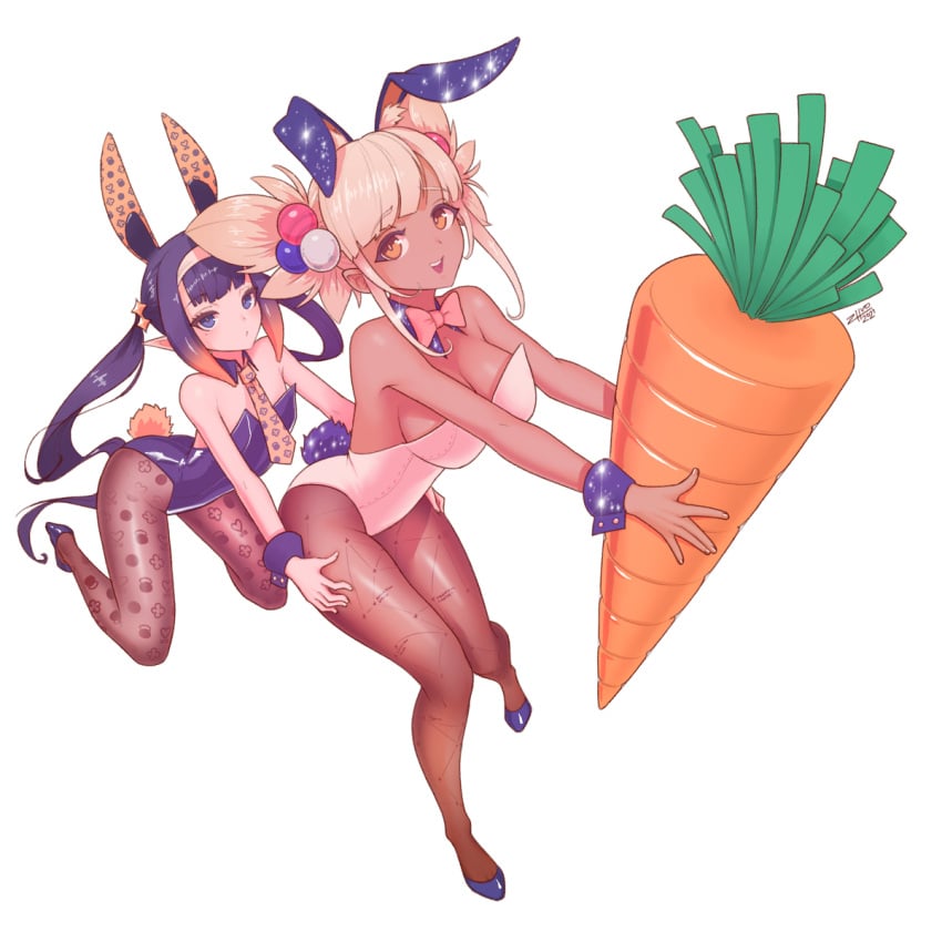 2girls armwear big_ass big_breasts blonde_hair blue_eyes bracelet bracelets bunny_ears bunny_girl bunny_tail bunnysuit carrot choker dark-skinned_female dark_skin eyebrows_visible_through_hair female female_focus female_only flat_chest flat_chested hair_ornament headband headgear heels high_heels highres hololive hololive_english hololive_english_-council- hololive_myth light-skinned_female light_skin long_hair looking_at_viewer mole mole_under_eye multicolored_hair ninomae_ina'nis orange_eyes orange_hair pale-skinned_female pale_skin pantyhose pointy_ears purple_hair small_breasts stockings thick_thighs thighhighs tie tsukumo_sana twintails very_high_resolution very_long_hair virtual_youtuber white_background zhvo