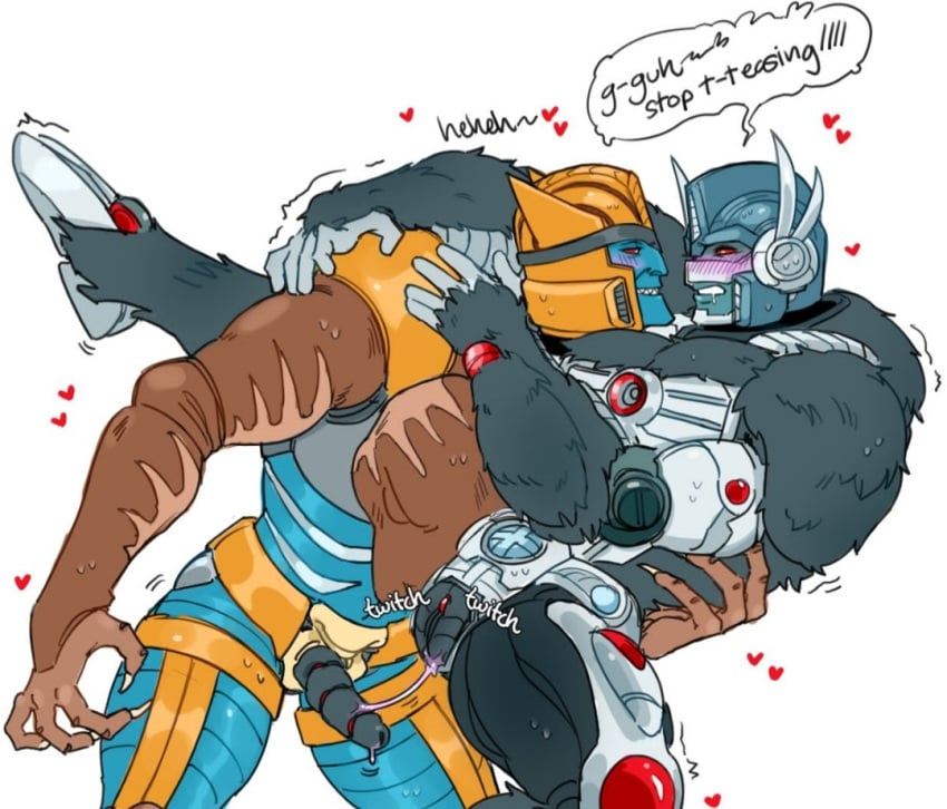 beast_wars blush cum_string cum_trail cuntboy dinobot_(beast_wars) dinosaur eye_contact gorilla grabbing grin intersex one_leg_up optimus_primal red_eyes teasing transformers velociraptor