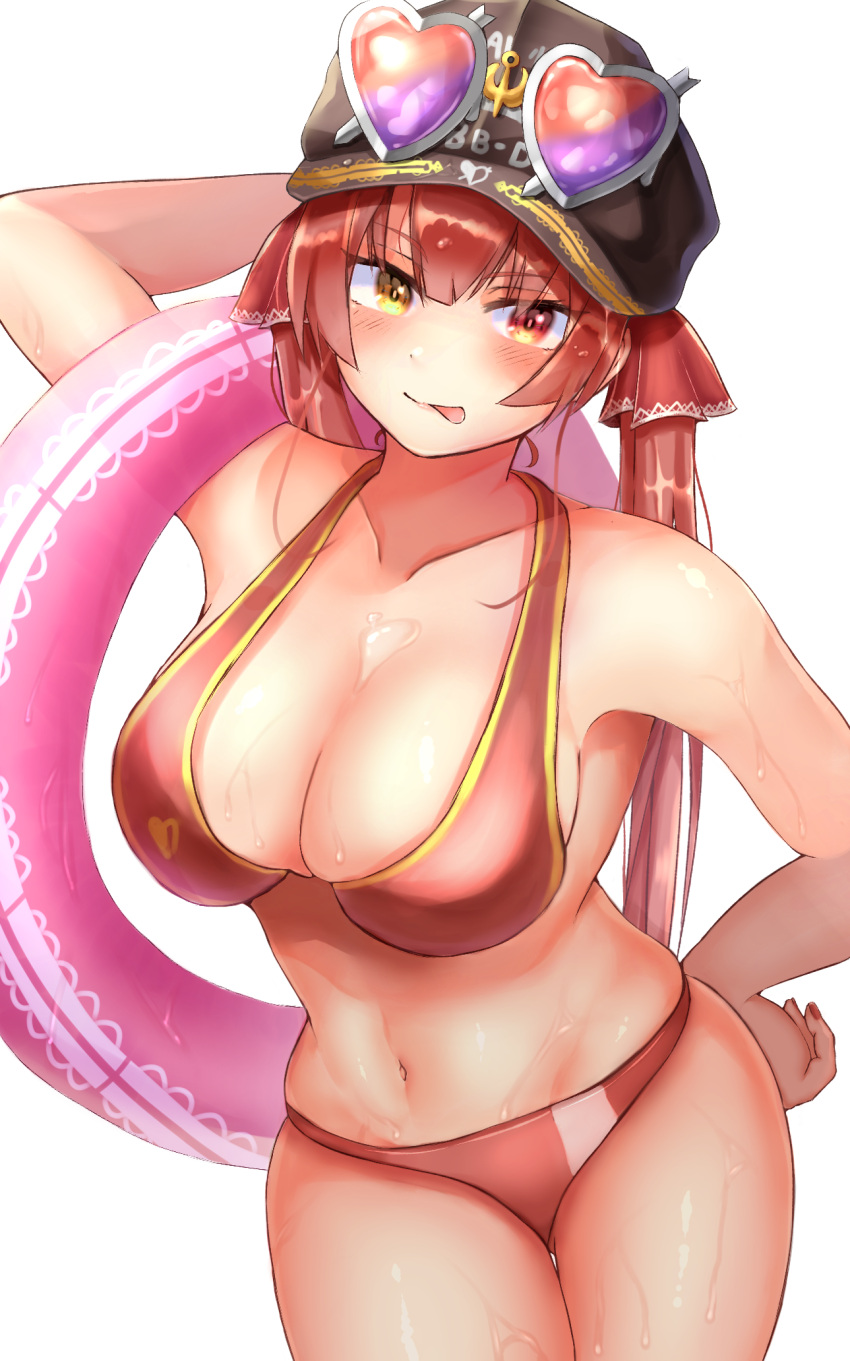 1girls 2021 arm_behind_head bare_arms bare_shoulders baseball_cap bikini black_headwear breasts cleavage collarbone eyewear_on_head eyewear_on_headwear female female_focus female_only gold_trim hand_on_hip hand_up hat heart heart-shaped_eyewear heterochromia highres hololive hololive_fantasy hololive_japan hoop houshou_marine innertube large_breasts long_hair looking_at_viewer red_bikini red_bikini_bottom red_bikini_top red_eyes red_hair simple_background solo solo_female sunglasses sunglasses_on_head swimsuit tongue tonntorotororo twintails virtual_youtuber white_background yellow_eyes