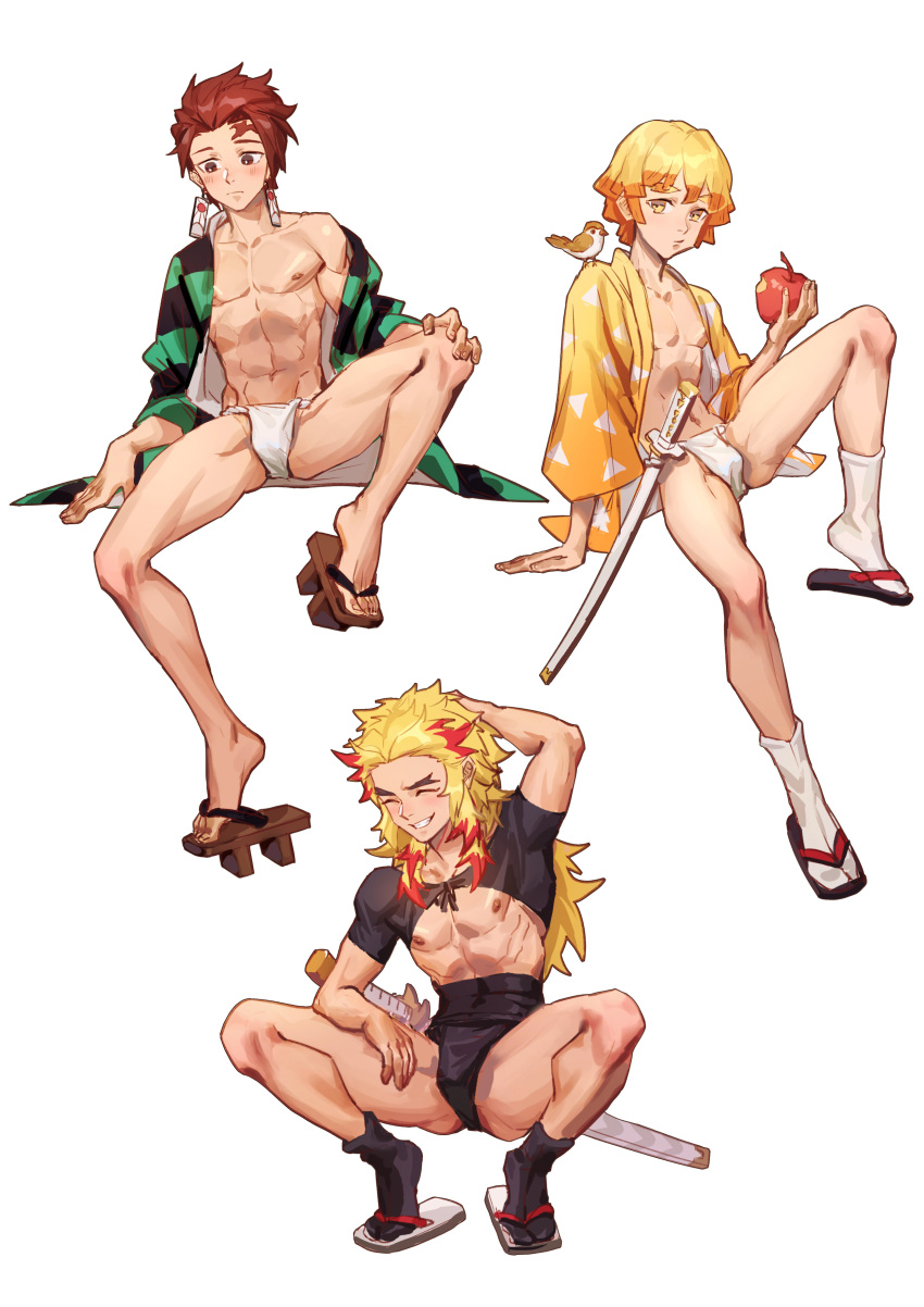 3boys blonde_hair demon_slayer earrings fundoshi geta haori japanese_clothes kamado_tanjirou katana kimetsu_no_yaiba long_hair_male looking_at_viewer male male_only mo_si muscular muscular_male partially_clothed red_hair rengoku_kyoujurou sandals sitting smile spread_legs squatting sword tabi twink two_tone_hair zenitsu_agatsuma zouri