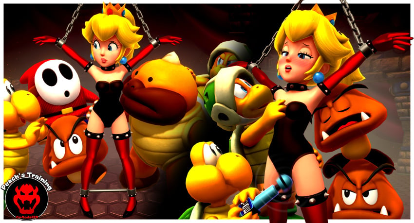 3d blonde_hair blue_eyes blushing bondage gloves goomba half-closed_eyes hammer_bros. high_heels koopa_troopa leotard mario_(series) nintendo onmodel3d ponytail princess_peach self_upload sex_toy shy_guy slave_outfit spiked_collar sumo_bro super_mario_bros. thigh_highs vibrator