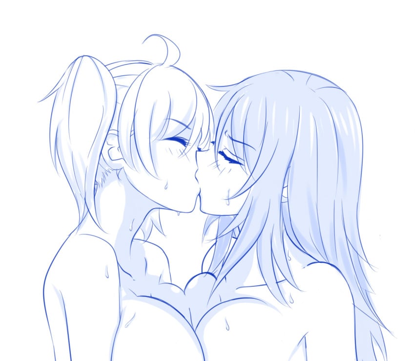 2019 2girls big_breasts blush breasts cleavage closed_eyes female_focus female_only french_kiss gamo-chan hi_res kissing long_hair medium_hair monochrome nude please_don't_bully_me,_nagatoro simple_background twintails viperxtr white_background yoshi_(nagatoro) yuri