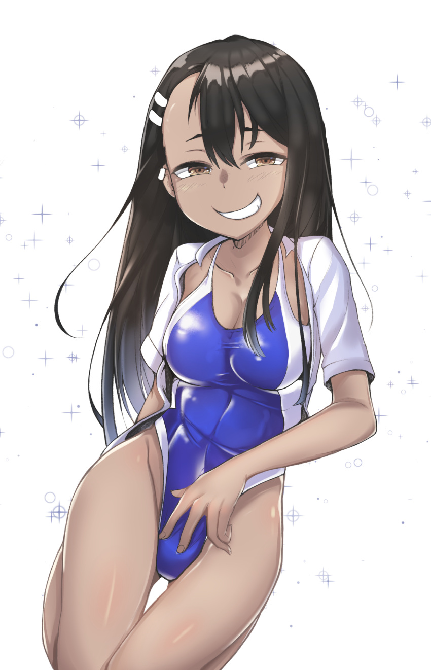 1girls big_breasts black_hair breasts brown_eyes cleavage clothed clothing curvy female_focus female_only hayase_nagatoro hi_res kimsam long_hair looking_at_viewer navel please_don't_bully_me,_nagatoro revealing_clothes simple_background smile solo swimsuit watermark white_background wide_hips