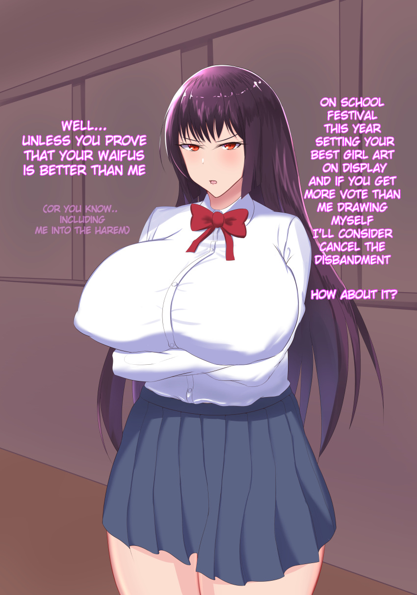 1girls angry big_breasts blush breasts clothed clothing comic curvy english_text female_focus female_only hi_res long_hair nipples open_mouth please_don't_bully_me,_nagatoro president_(nagatoro) purple_hair red_eyes revealing_clothes sana_sunomiya simple_background solo standing suppuri text wide_hips