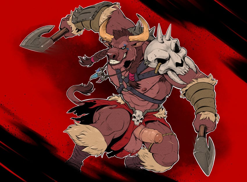 2021 abs anthro armguards armor armpit_hair axe badcoyote balls biceps big_balls big_penis blizzard_entertainment body_hair bone bottomwear bovid bovine brown_body brown_fur brown_hair clothing erection footwear foreskin fur furgonomics furry-specific_piercing genitals hair hi_res holding_object holding_weapon horn horn_jewelry horn_piercing jewelry legband male male_only mammal medial_ring melee_weapon muscular necklace nipples open_mouth open_smile pecs penis piercing pinup ponytail pose quads skirt skull smile solo standing straps straps_across_chest tail_tuft tauren teeth thighband triceps tuft video_games warcraft wardrobe_malfunction warpaint weapon